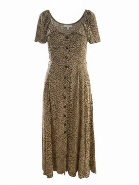 Anthropologie Tan Leopard-Print Button-Front Cottagecore Midi Dress size 4